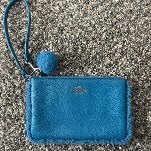 Coach Vibrant Blue Wristlet with Pom Pom